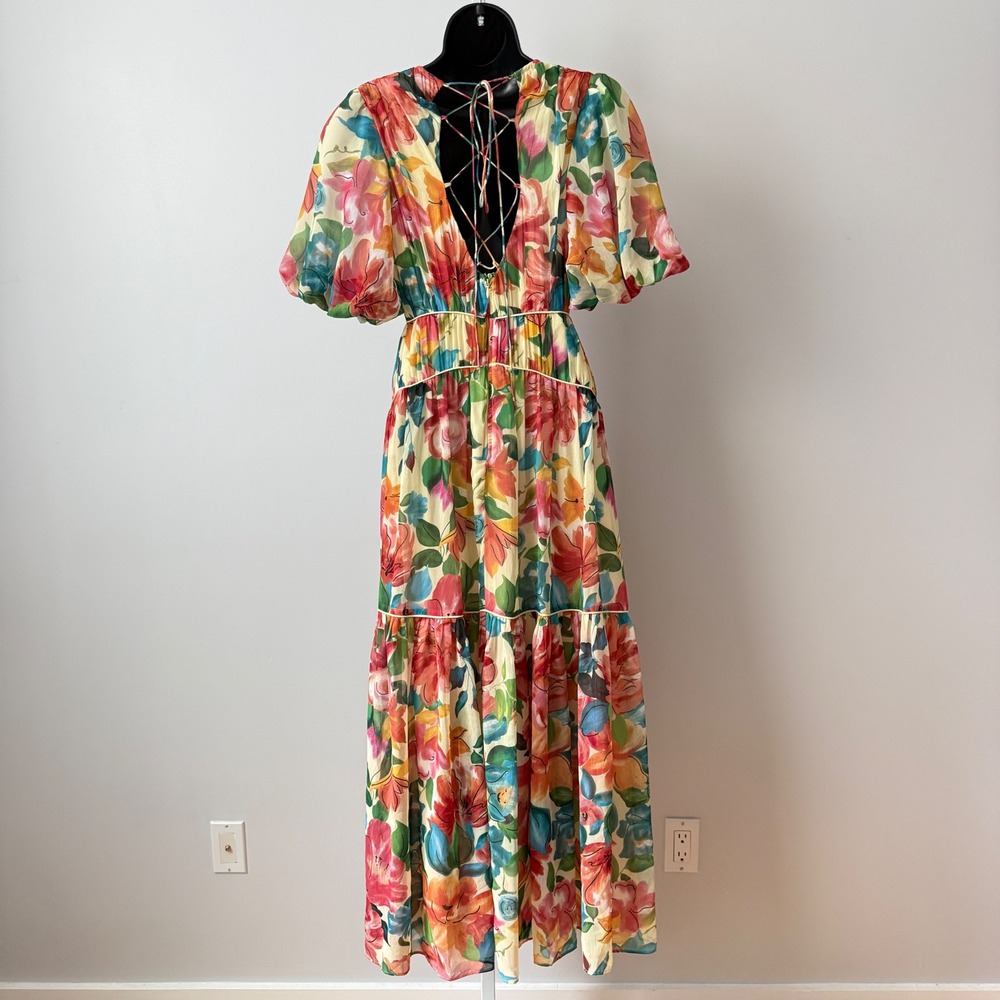 ONE33 Social sz 2 Floral Puff Sleeve Lace Up Back Maxi Dress Multicolor NWOT - Picture 5 of 9